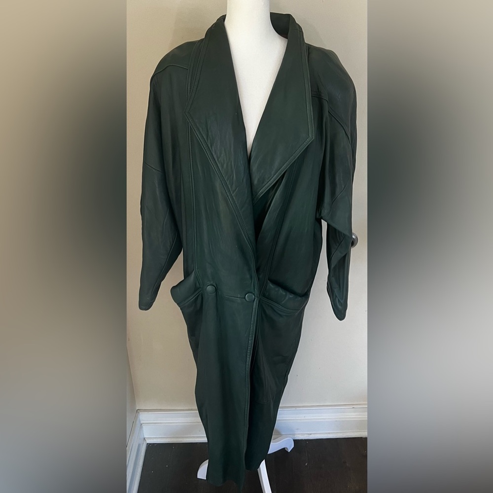 Winlit Vintage Green Leather Draped Oversized Coat Sz L